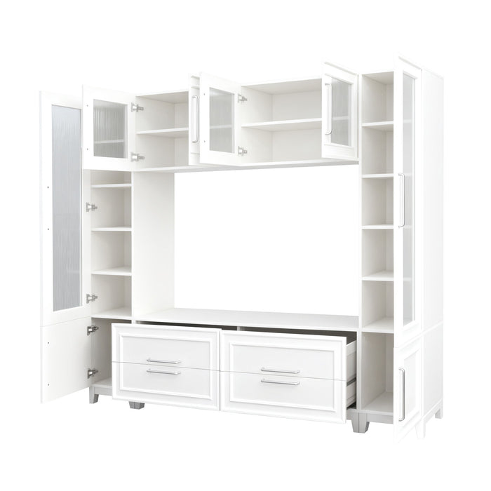 Wall Unit Entertainment Center With Glass Doors For TVs Up To 75" With Drawers For Living Room - White