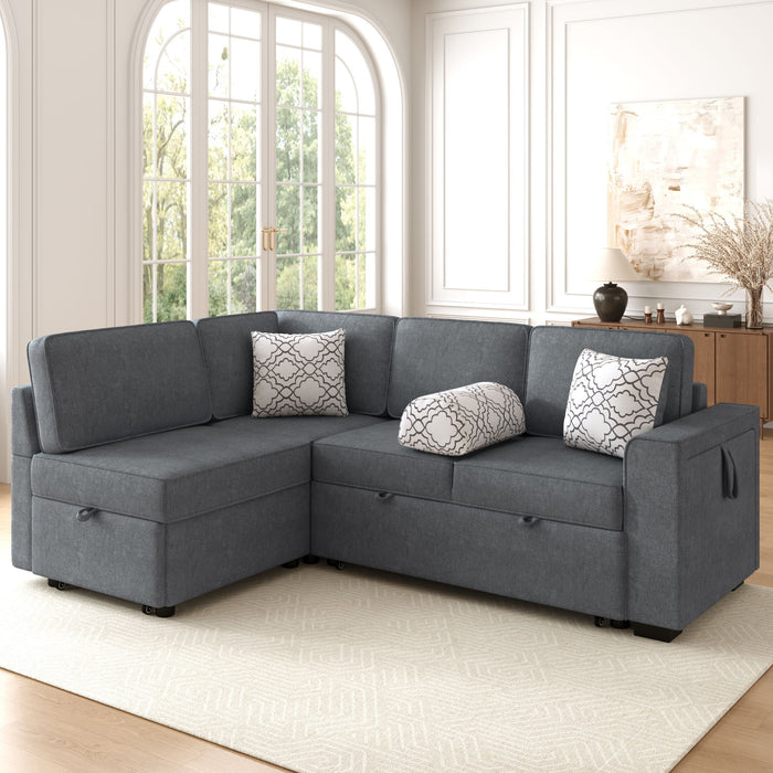 Convertible Sectional L-Shaped Sofa With Dual Pull-Out Sleepers, Flip-Top Table, USB Ports, Cup Holder & Storage