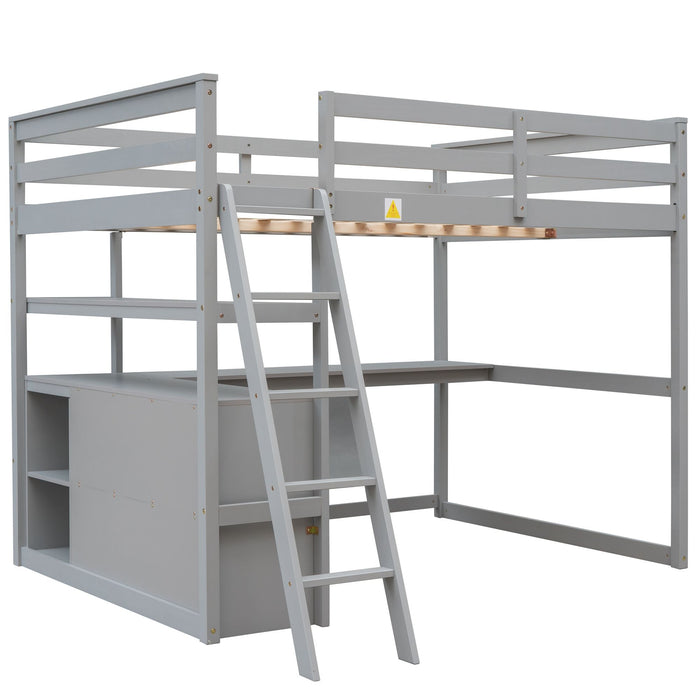 Modern Loft Bed With Built In Desk, Shelves, And 2 Drawers