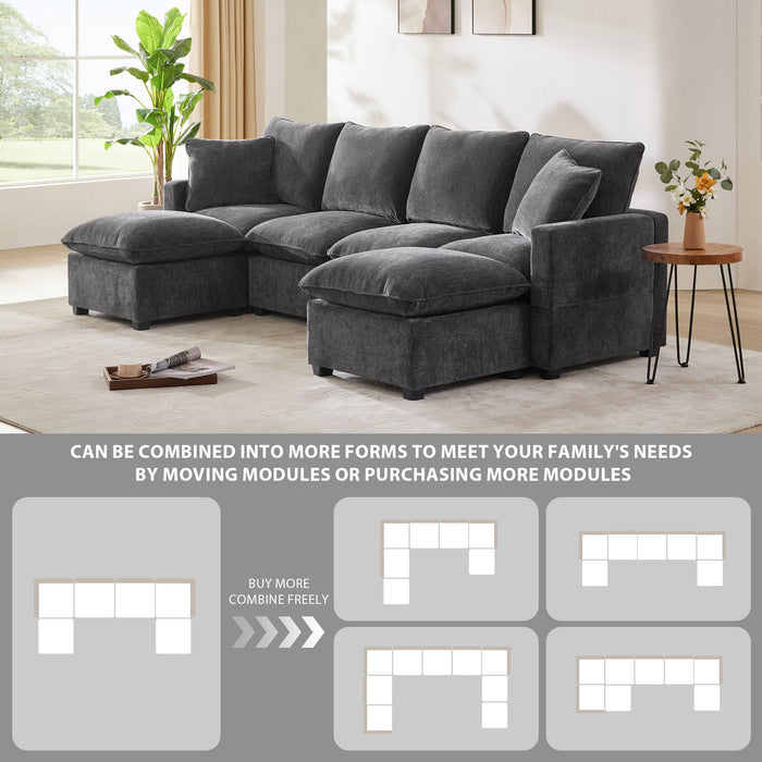 110 X 57" Modern U Shape Modular Sofa, 6 Seat Chenille Sectional Couch Set With 2 Pillows Included, Freely Combinable Indoor Funiture For Living Room, Apartment, Office, 2 Colors