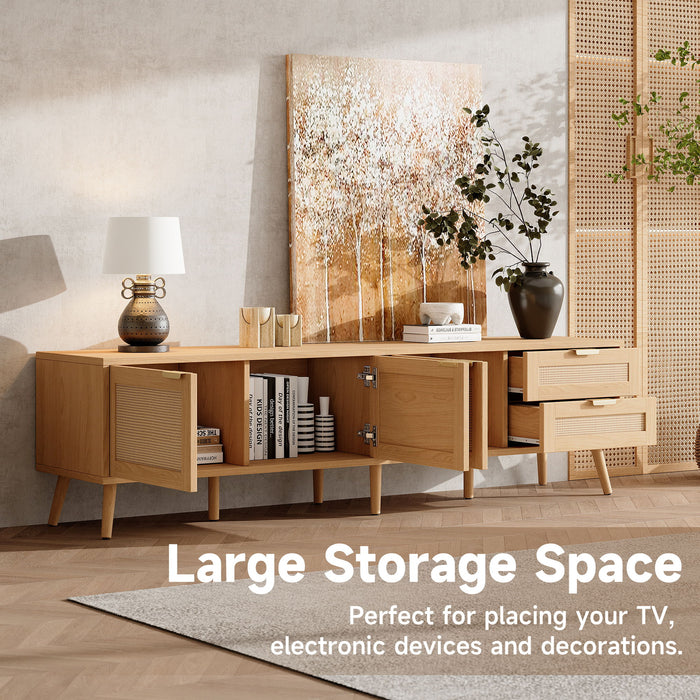 TV Stand, Media Console, 2 Drawers & Cable Management - Natural Wood