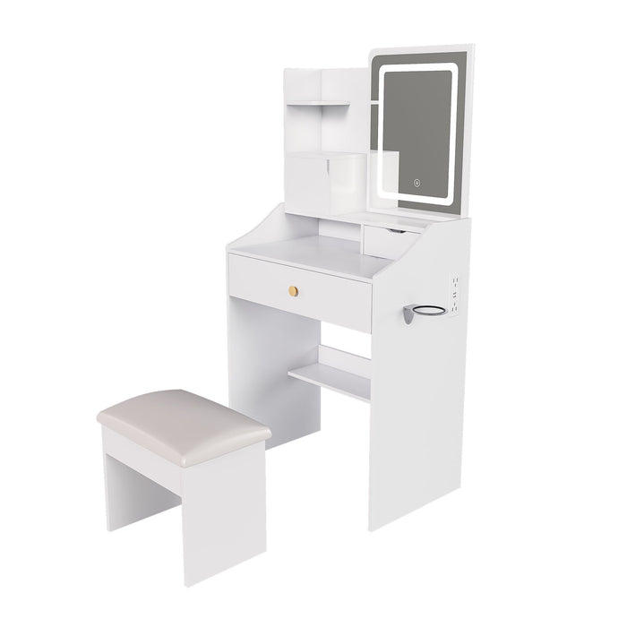 LED Vanity Mirror With Stool, 2 Drawers & 5 Storage Cabinets, Adjustable Lighting Mdf Dressing Table For Bedroom - White