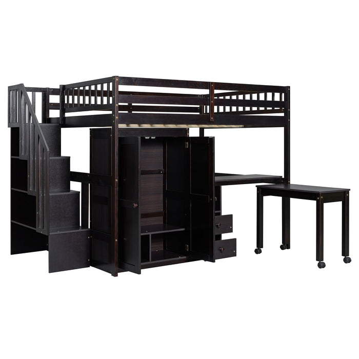 Loft Bed With Stairs, Bookshelf, Drawers, Desk & Wardrobe, Space Saving Multifunctional Furniture