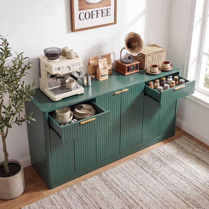 Large Fluted Buffet Sideboard, Wine Bar Storage Cabinet With 6 Doors & 2 Drawers