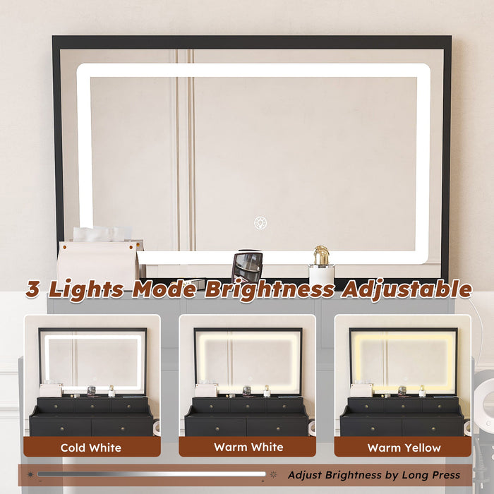 Modern Makeup Vanity Set With Power Outlet, Hair Dryer Holder, And Adjustable Lighting