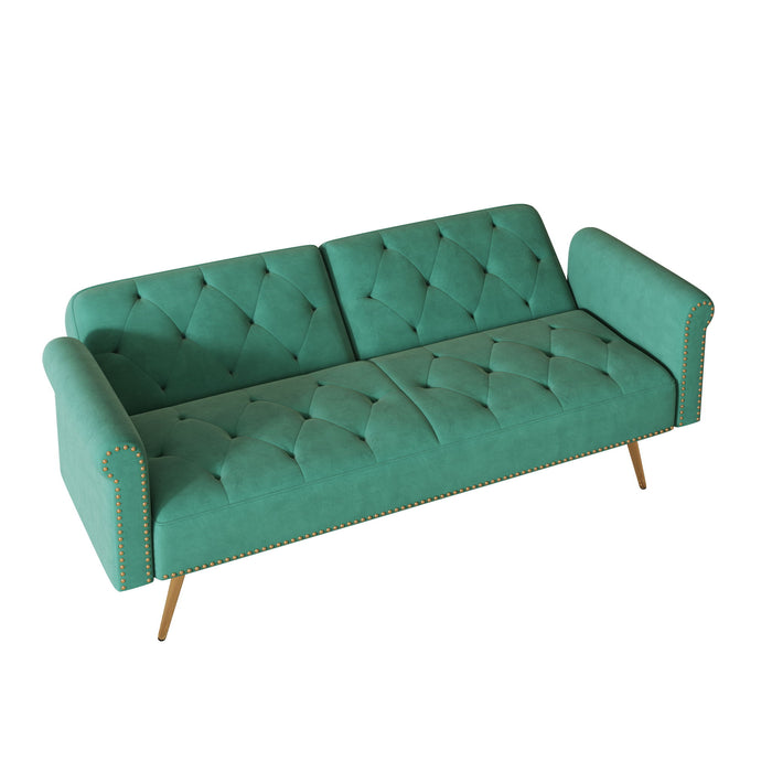 Luxurious Velvet Sofa Bed With Nail Head Trim And Matching Pillow