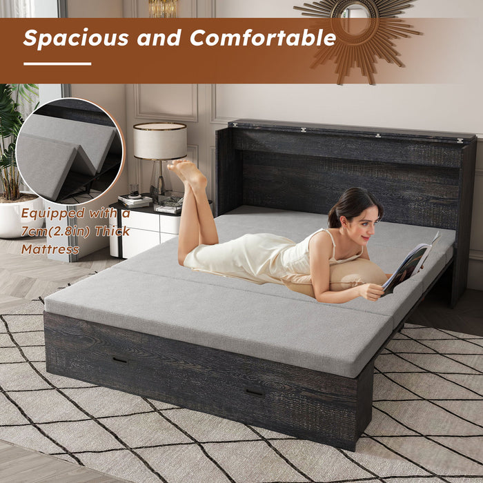 Murphy Bed With Storage Drawers And Charging Cabinet, Foldable Panels, Swivel Wheels