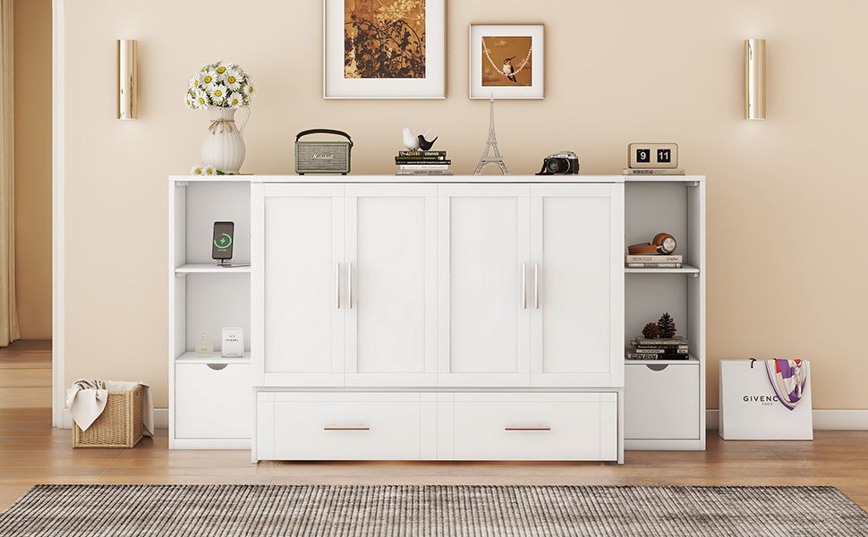 Murphy Bed With Shelves, Drawers And USB Ports