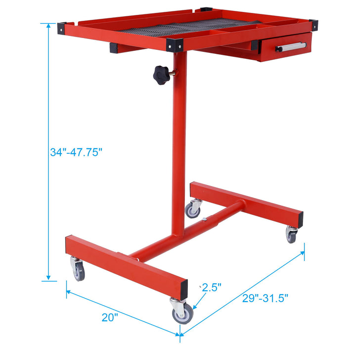 Adjustable Tear Down Work Table With Drawer For Garages, Repair Shops, And Diy, Portable, (4) 2.5" Swivel Casters, 220 Pound Capacity, Rubber Corners, Heavy Duty Steel, Red