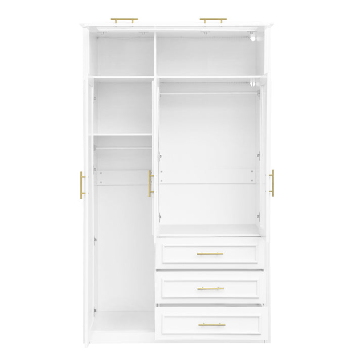 3 Door Wardrobe Armoire With LED Lighting And 3 Drawers - White