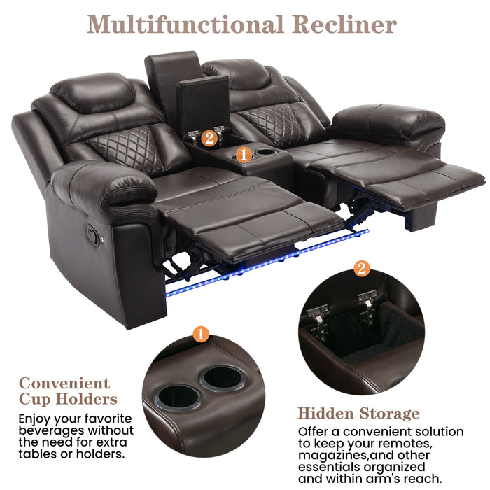 3 Pieces Recliner Sofa Sets Home Theater Seating Manual Recliner Chair & Center Console And LED Light Strip For Living Room - Brown