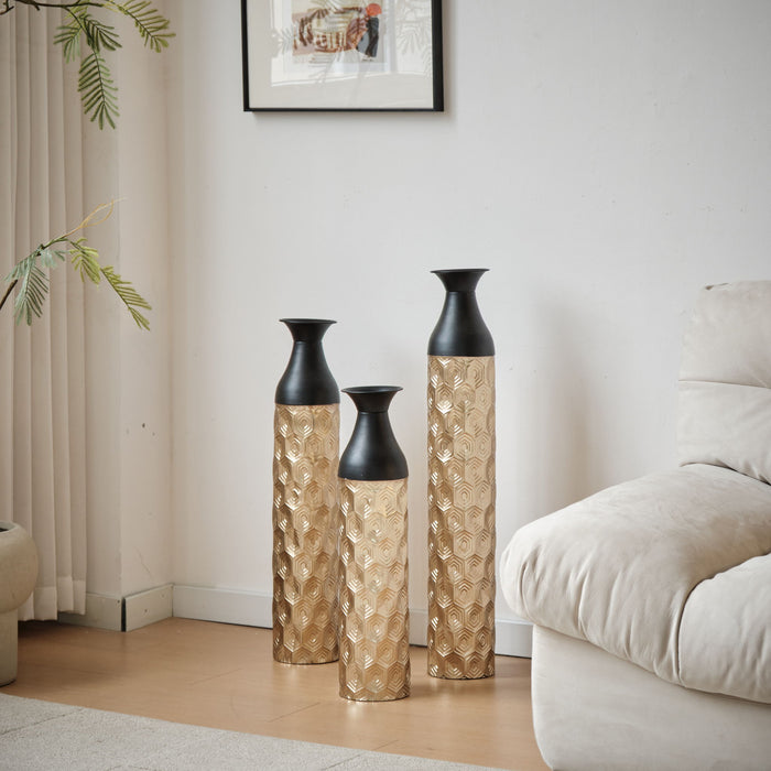 Floor Metal Vases (Set of 3) Gorgeous Home Decoration Large Glazed Metal Vases - Black / Gold