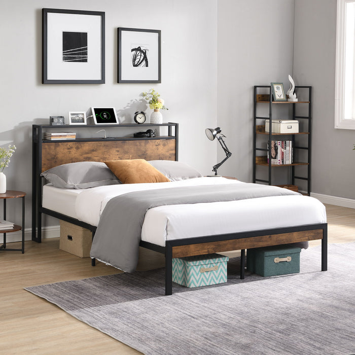 Metal Platform Bed Frame With Wooden Headboard And Footboard With USB Liner, No Box Spring Needed, Under Bed Storage