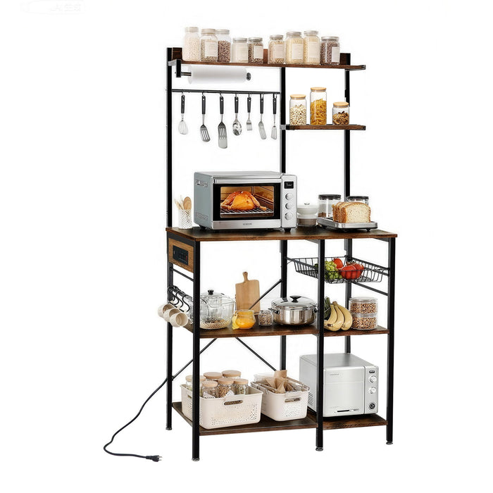 Bakers Rack With Power Outlet, Coffee Bar With S-Shaped Hooks, Kitchen Shelf With Wire Basket - Black / Brown