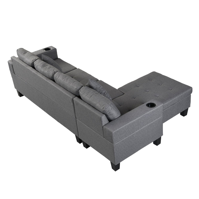 Modern Sectional Sofa Set With L Shape Chaise Lounge, Cup Holder, 4 Seat - Gray