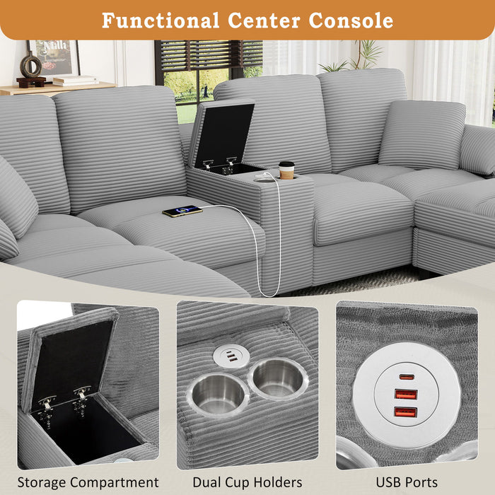Modern U - Shaped Sectional Sofa With Storage Ottomans, USB Ports, And Cup Holders