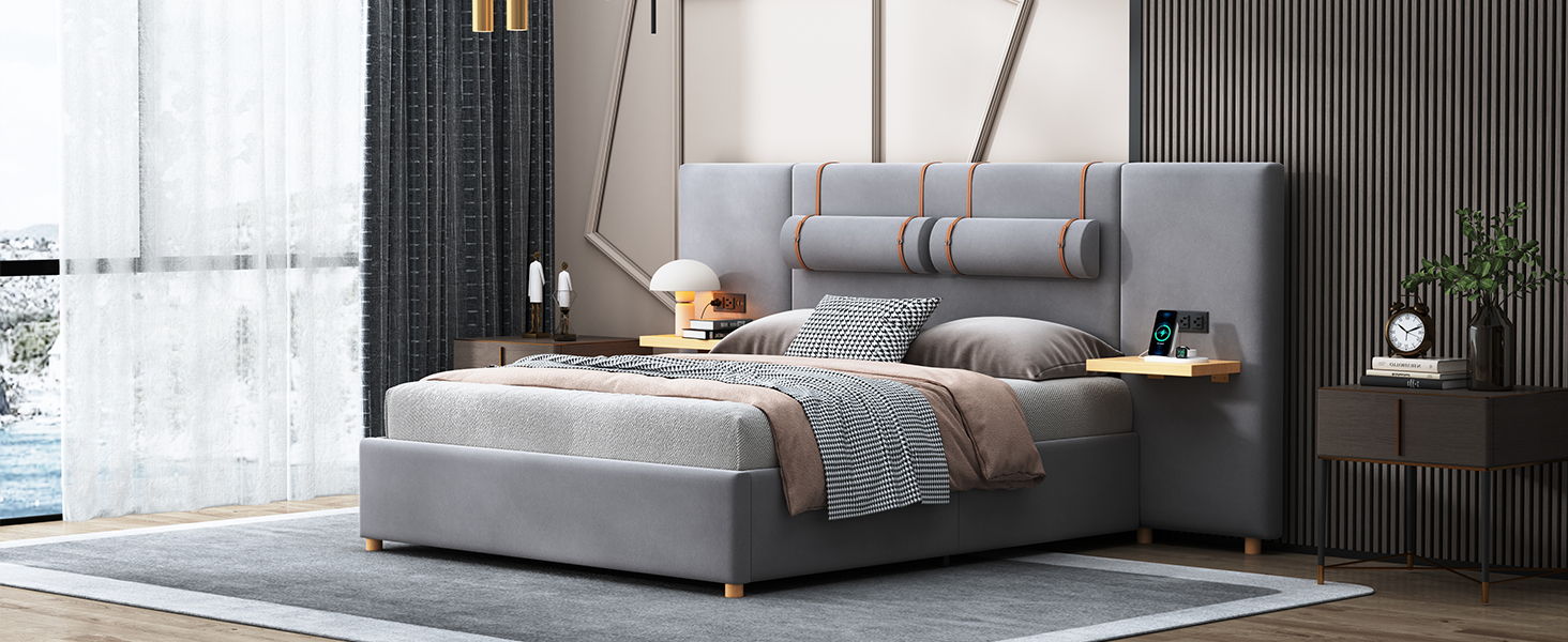 Upholstered Platform Bed, 2 Outlets And USB Charging Ports On Both Sides, 2 Bedside Pillows, Storage Shelves