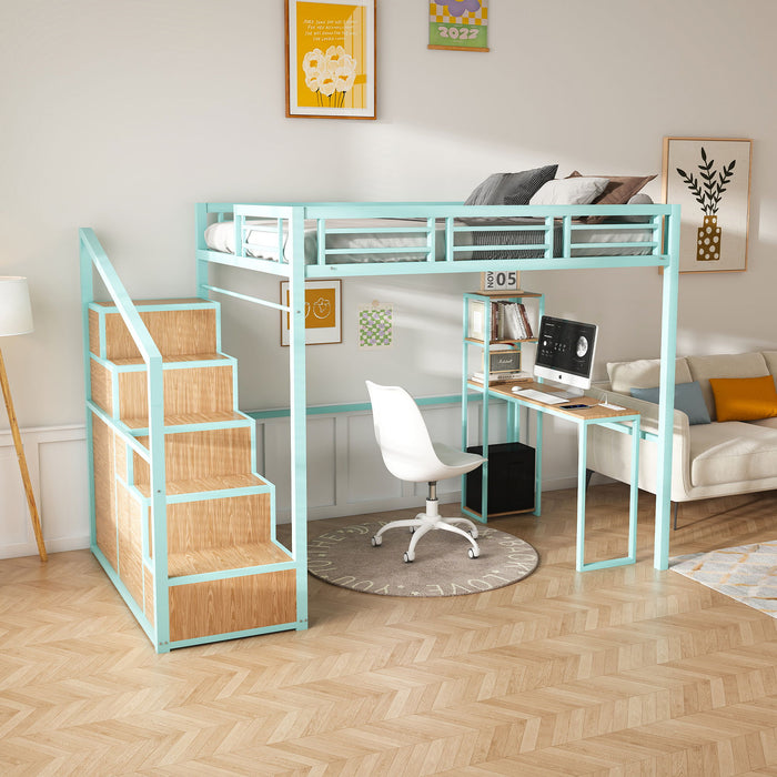 Heavy Metal Frame Full Loft Bed With Desk & Storage, 4 Cabinets, Staircase, Rack Space Saver - Green