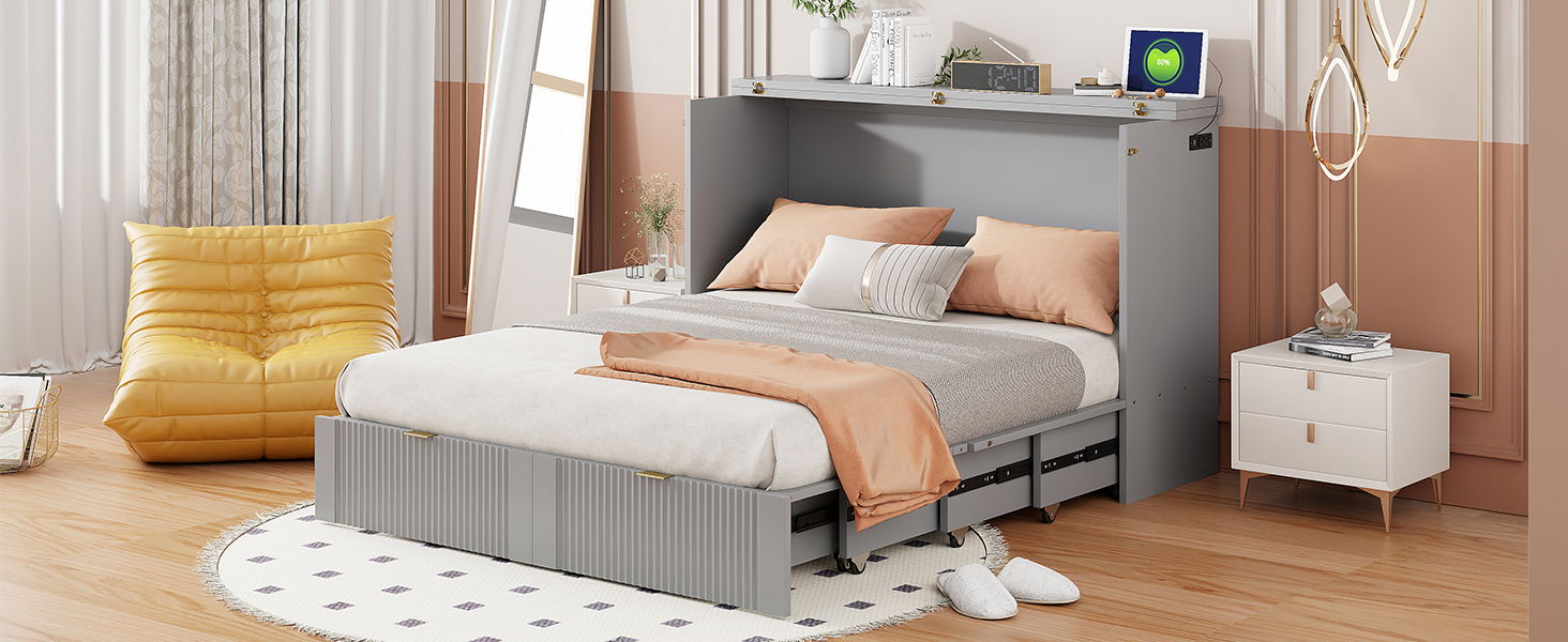 Murphy Bed With Drawer And A Set Of Sockets & USB Ports, Pulley Structure Design