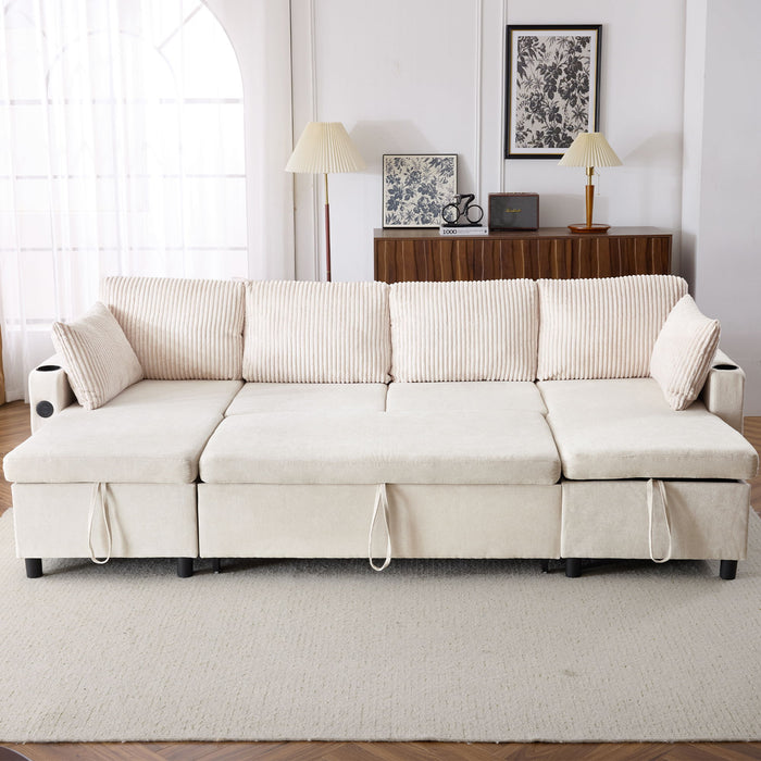 Sectional Sofa Bed With Pull Out Sleeper, USB Ports, Cup Holders