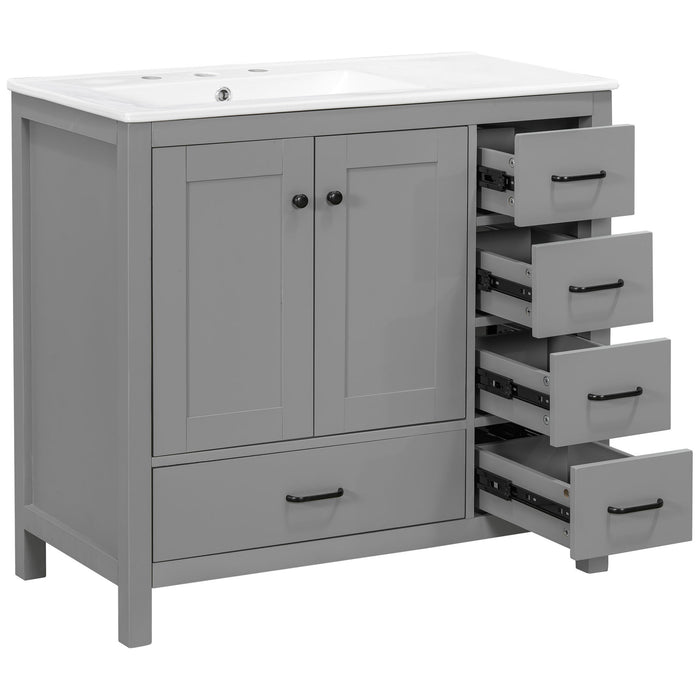 Bathroom Vanity With Ceramic Sink Combo, Abundant Storage Cabinet 2 Soft Close Doors And 5 Drawers