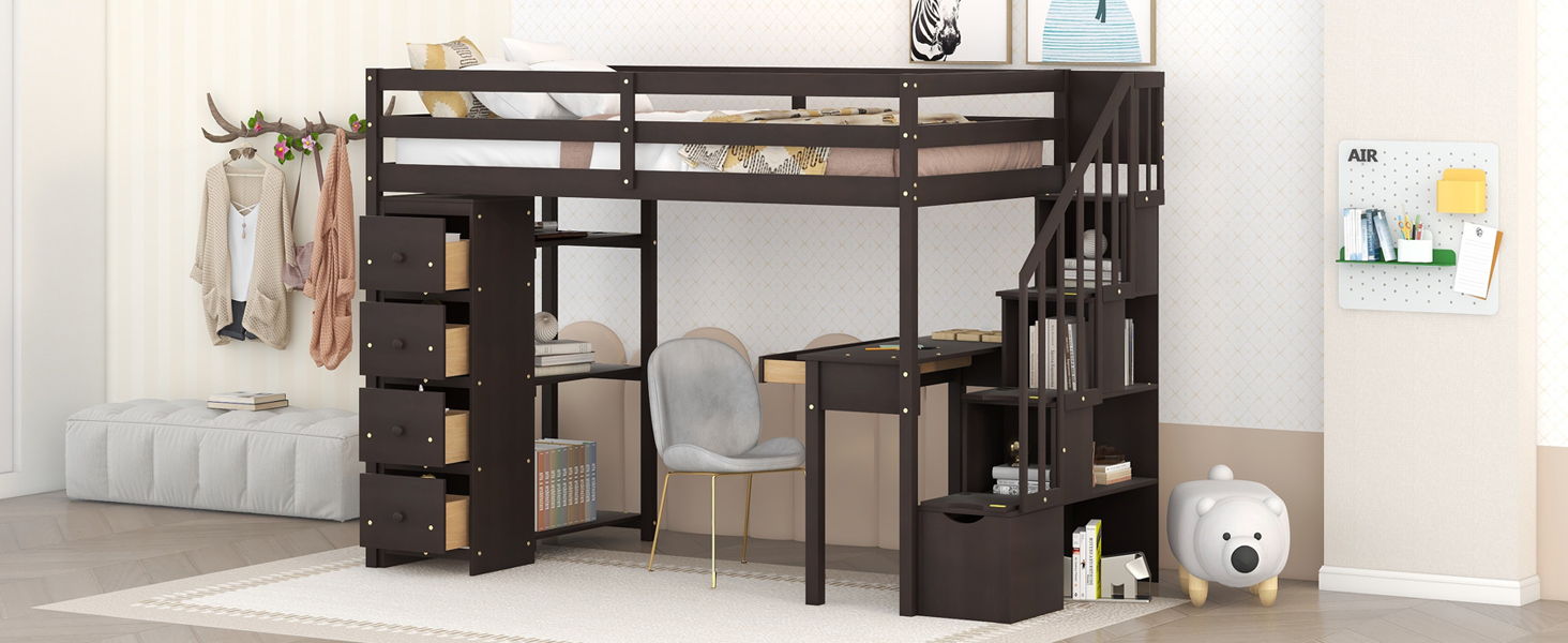 Loft Bed With Storage Drawers, Desk And Stairs With Shelves
