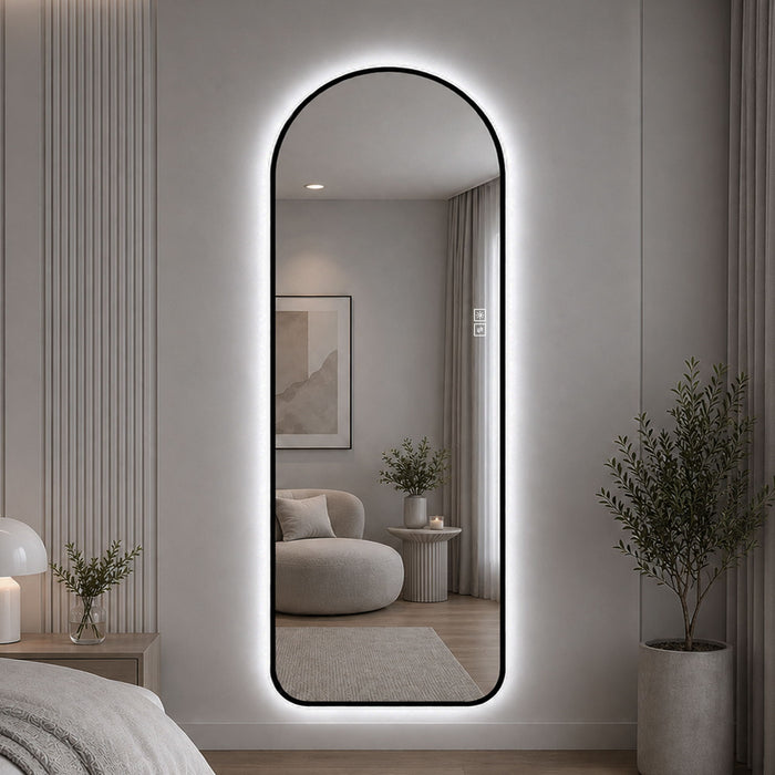 65" X 24" Arched LED Full Length Mirror With Frame, 3 Color Temperatures & Stepless Dimming - Black