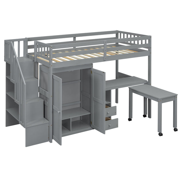 Loft Bed With Stairs, Bookshelf, Drawers, Desk & Wardrobe, Space Saving Multifunctional Furniture