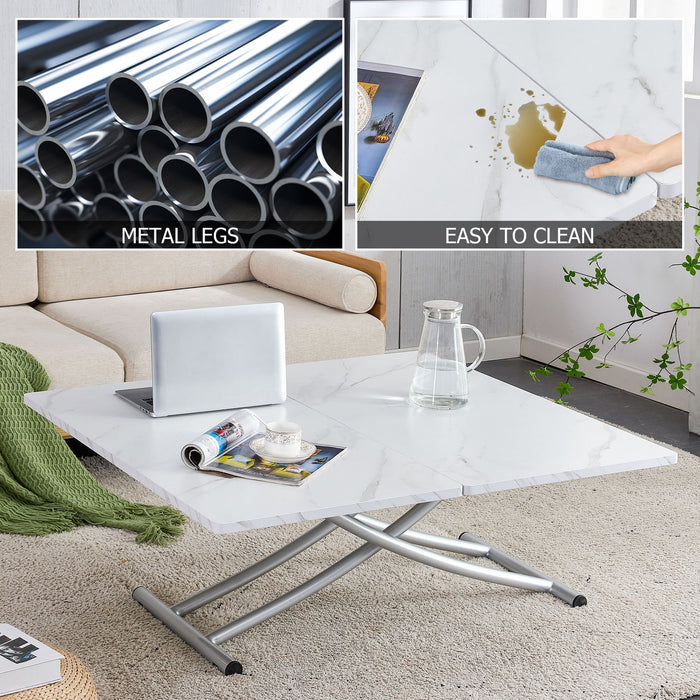 Modern Minimalist Multifunctional Lifting Platform 0.8" White Patterned Sticker Desktop, Silver Metal Legs. Paired With 4 Faux Leather Cushioned Dining Chairs With Silver Metal Legs