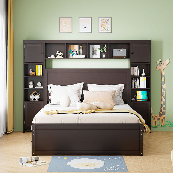 Queen Size Wooden Bed With All In One Cabinet, Shelf And Sockets, Espresso