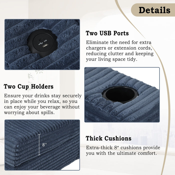 Oversized Loveseat Chaise With 2 USB Ports, 2 Cup Holders And 2 Throw Pillows