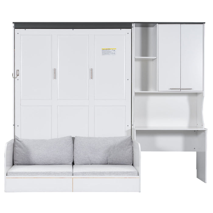 Multi Functional Murphy Bed With Sofa, Desk, And Storage Cabinet, Queen Size - White