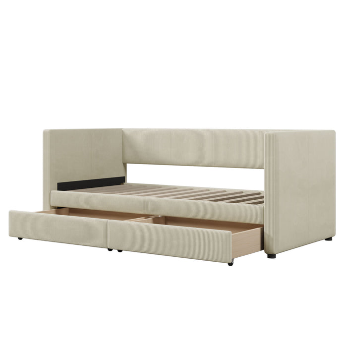 Corduroy Daybed With Two Drawers And Wood Slat