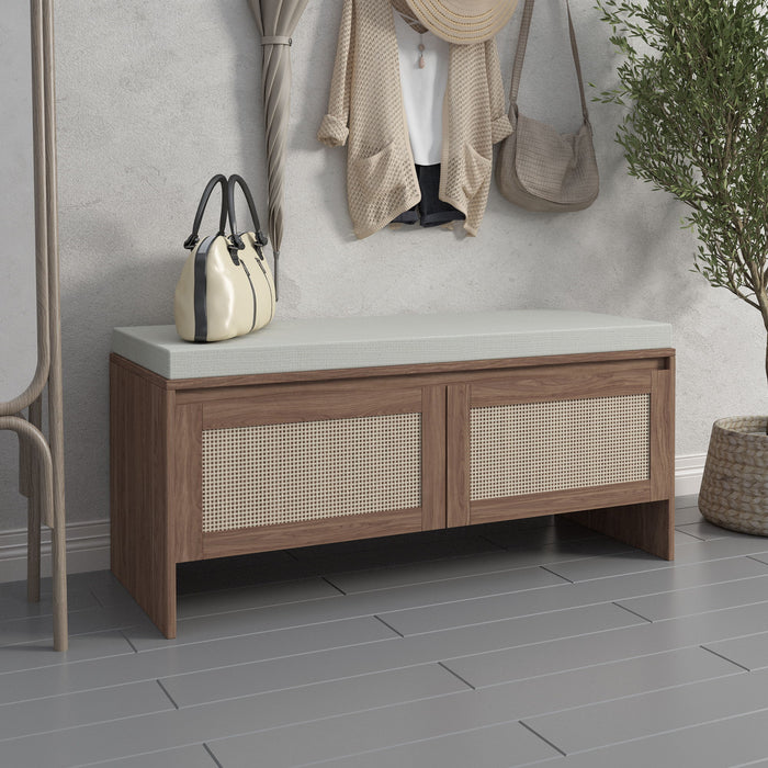 Storage Bench With Cushion, Shoe Cabinet With 2 Doors - Antique Natural / Rattan