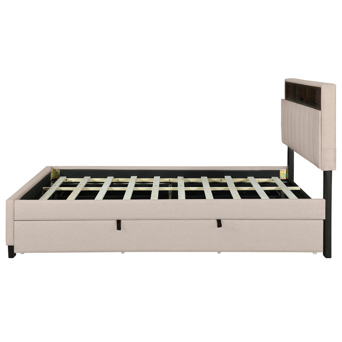 Upholstered Platform Bed With Storage Headboard, Trundle & 2 Drawers And A Set Of Sockets & USB Ports