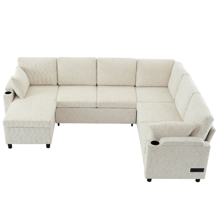 U-Shaped Sectional Sleeper Sofa With Ample Storage Space, 2 Cup Holders And Charging Ports For Living Room