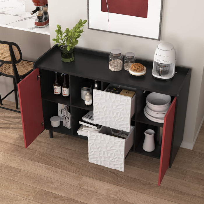 Modern Sideboard Buffet Cabinet With Red Doors And Unique Panel Styling