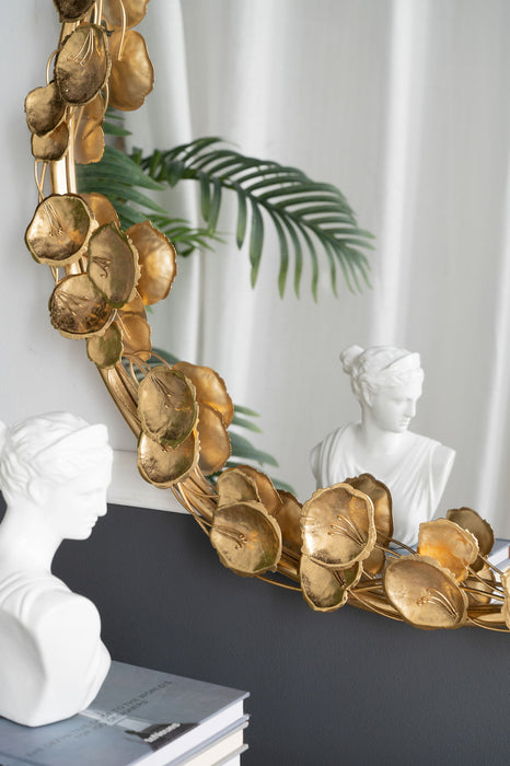 Round Metal Wall Mirror With en Leaf Accents, Modern Decor Mirror For Living Room Entryway Hallway - Gold