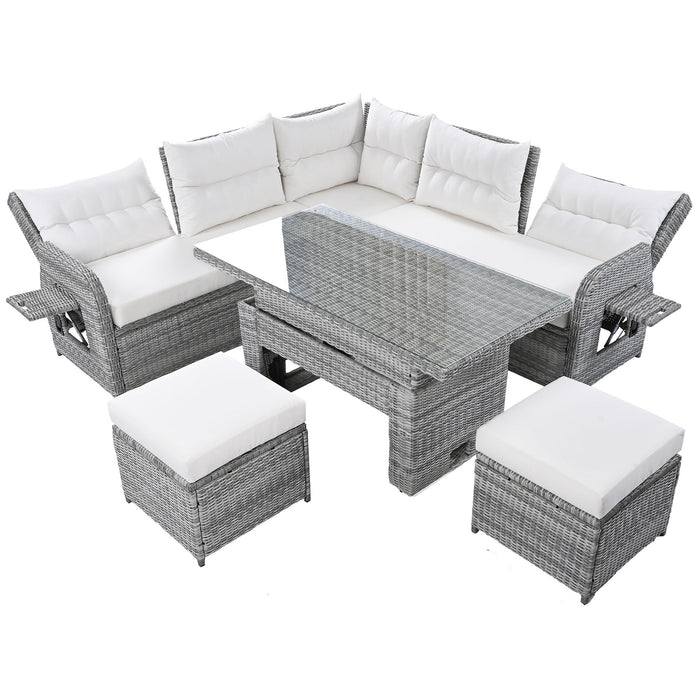 Outdoor Furniture Set Patio Rattan Furniture Set With Adjustable Table, Recliners With Extendable Side Tables And 2 Ottomans