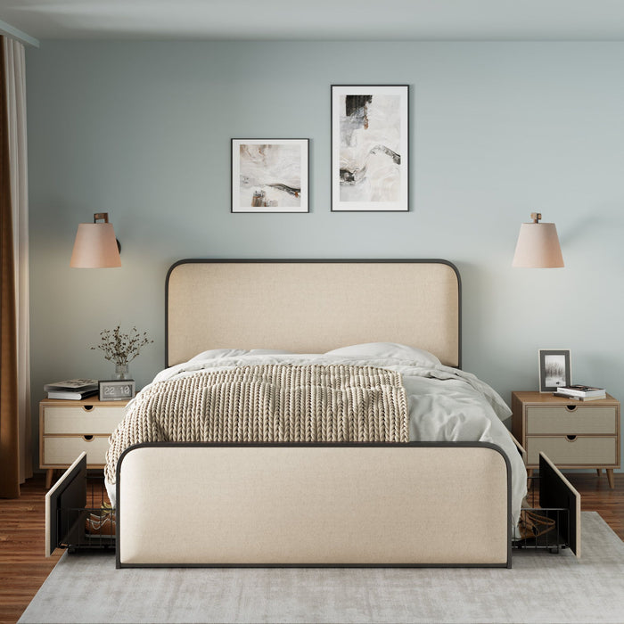 Modern Bed With Curved Upholstered Headboard And Footboard, Heavy Duty Metal Slats