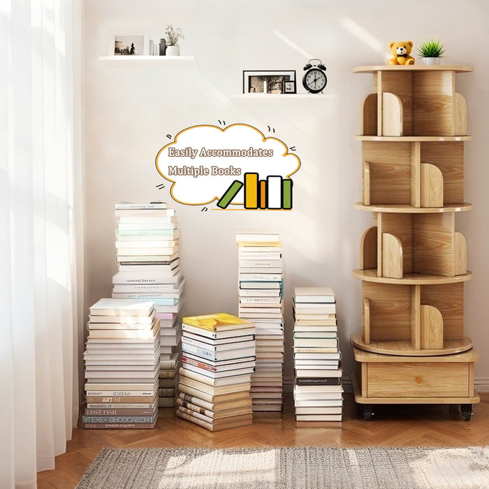 Rotating Bookshelf With Wheels And Drawer, 360° Spinning Design, Space Saving Storage