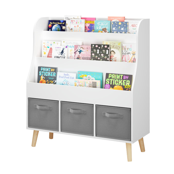 Bookshelf With 3 Storage Bins, Book Display Organizer, Front Facing Book Rack - White