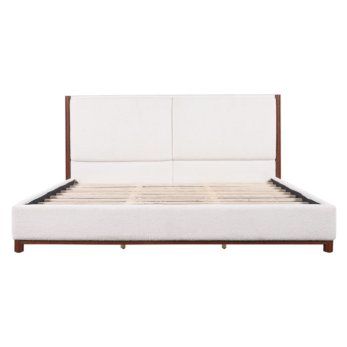 King Upholstered Bed Frame, No Box Spring Needed - Walnut / White