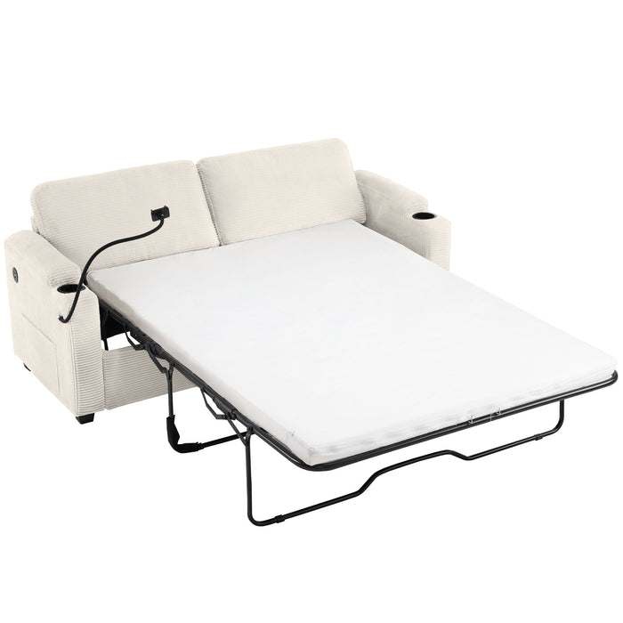 Corduroy Sleeper Sofa Loveseat Sofa With Full Size Mattress, 2 USB Ports, 2 Cup Holders, 2 Side Pockets And Phone Holder