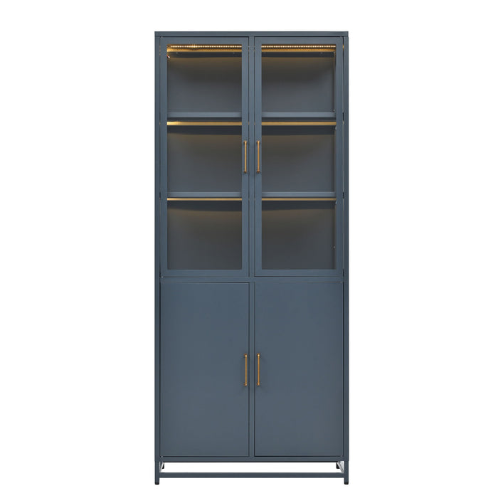 Modern Style Tall Steel Display Cabinet With Double Glass Doors, LED Lights