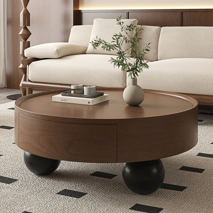 Round Coffee Table With Storage Drawer And Ball Feet - Walnut / Black