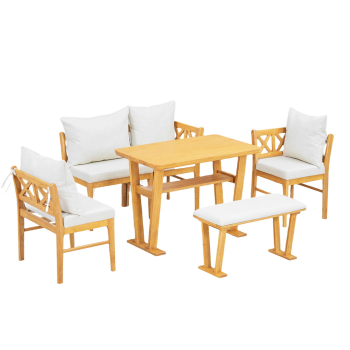 Farmhouse Solid Wood Dining Nook Set For 6, Space Saving High Top Corner Table With Bench & Chairs - Natural / White