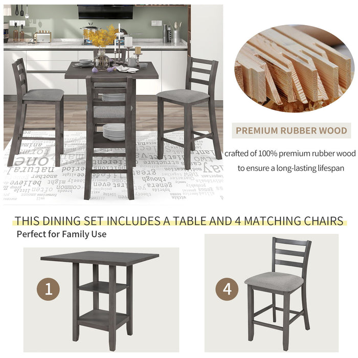 5 Piece Wooden Counter Height Dining Set With Padded Chairs, Storage Shelving
