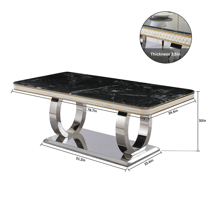 Luxury Modern Dining Table With 6 Chairs Marble Top Titanium Plated Base - Black