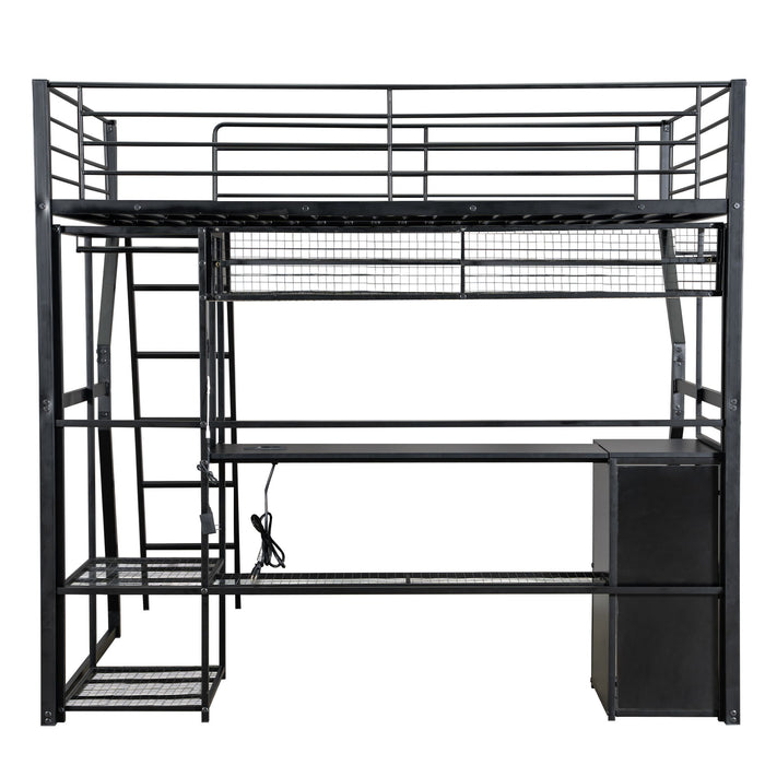 Full Size Gaming Loft Bed With Built In Work Station, Open Wardrobe, LED And Multiple Storage - Black